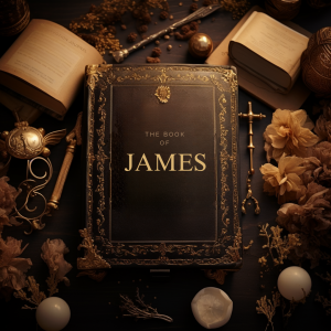 Book of James study Bible surrounded by Christian devotion items, prayer journal tools, and scripture study materials used for Bible study and spiritual growth